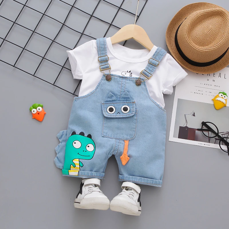 Denim Overalls Clothes Set for Baby Boys O-neck T-shirt Shorts 2 Pieces/Set New Short-sleeved Infant Children Kids Clothing