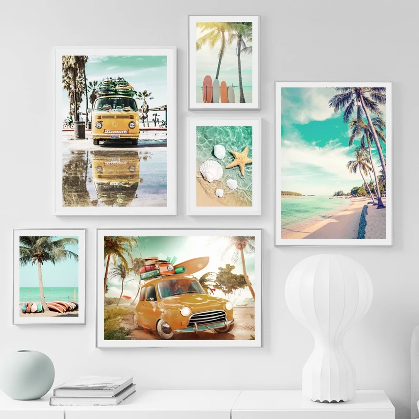 Beach palm Coconut Tree Starfish Surfboard Sea Wall Art Print Canvas Painting Nordic Poster Wall Pictures For Living Room Decor