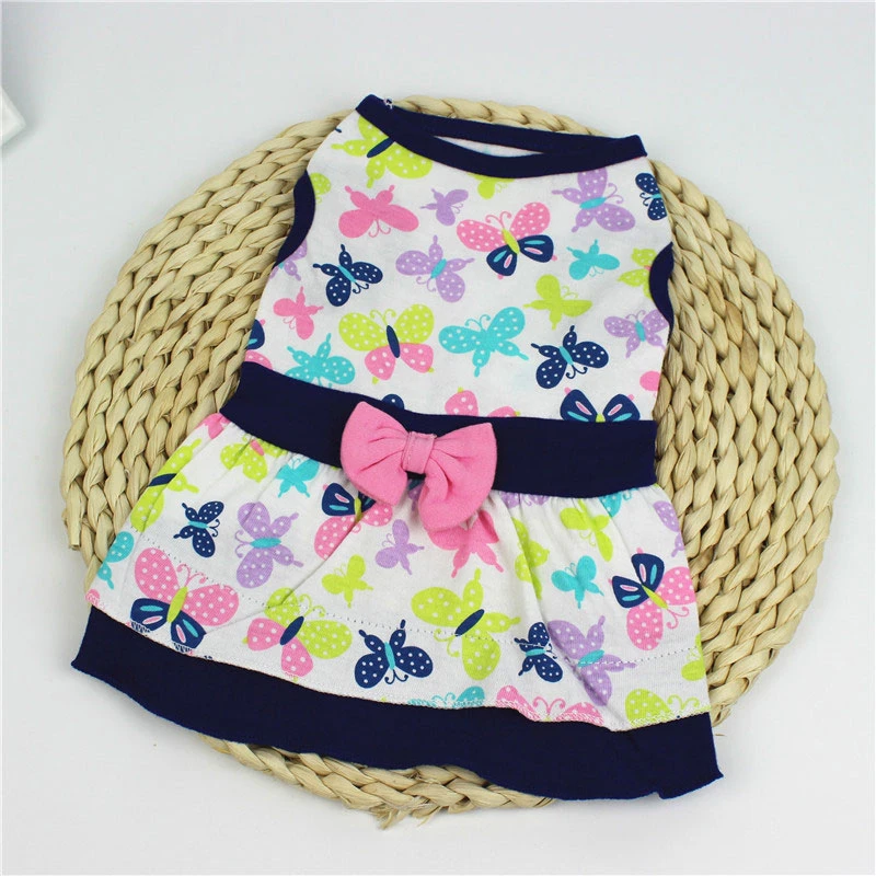 Cute Butterfly Floral Printed Dog Dress Big Swing Skirt Soft Sleeveless Pullover Winter Warm Pet Dog Clothes Puppy Dog Costume