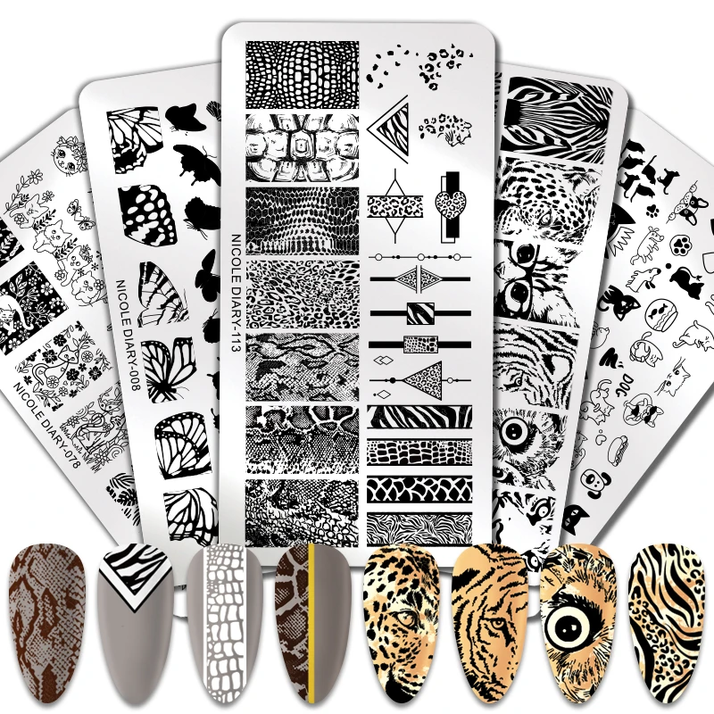 NICOLE DIARY Animal Image Stamp Plates Stripe Grid Mixed Pattern Nail Stamping Templates Stencil Flower  Printing Tool