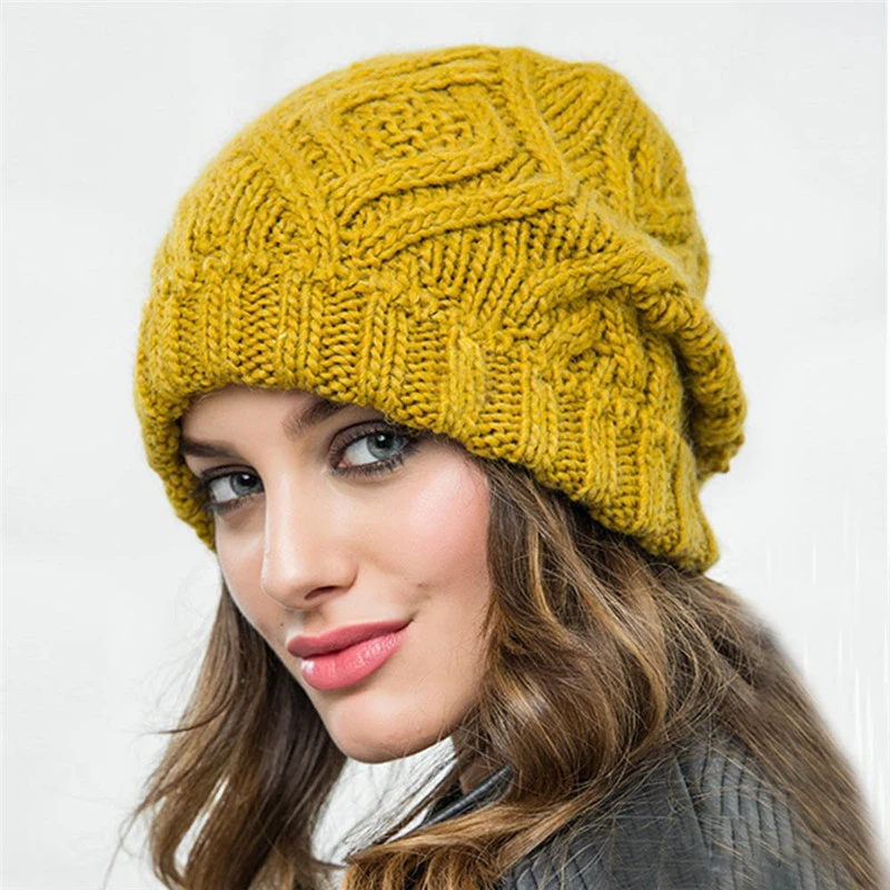 Fashion autumn winter hats for women geometric wool knitted hat solid handmade beanie cap gorros mujer invierno female bonnet