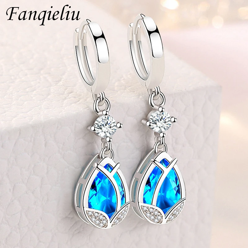 Fanqieliu Creative Vintage Style Jewelry Blue Crystal Flower Drop Earrings 925 Sterling Silver For Women FQL21270