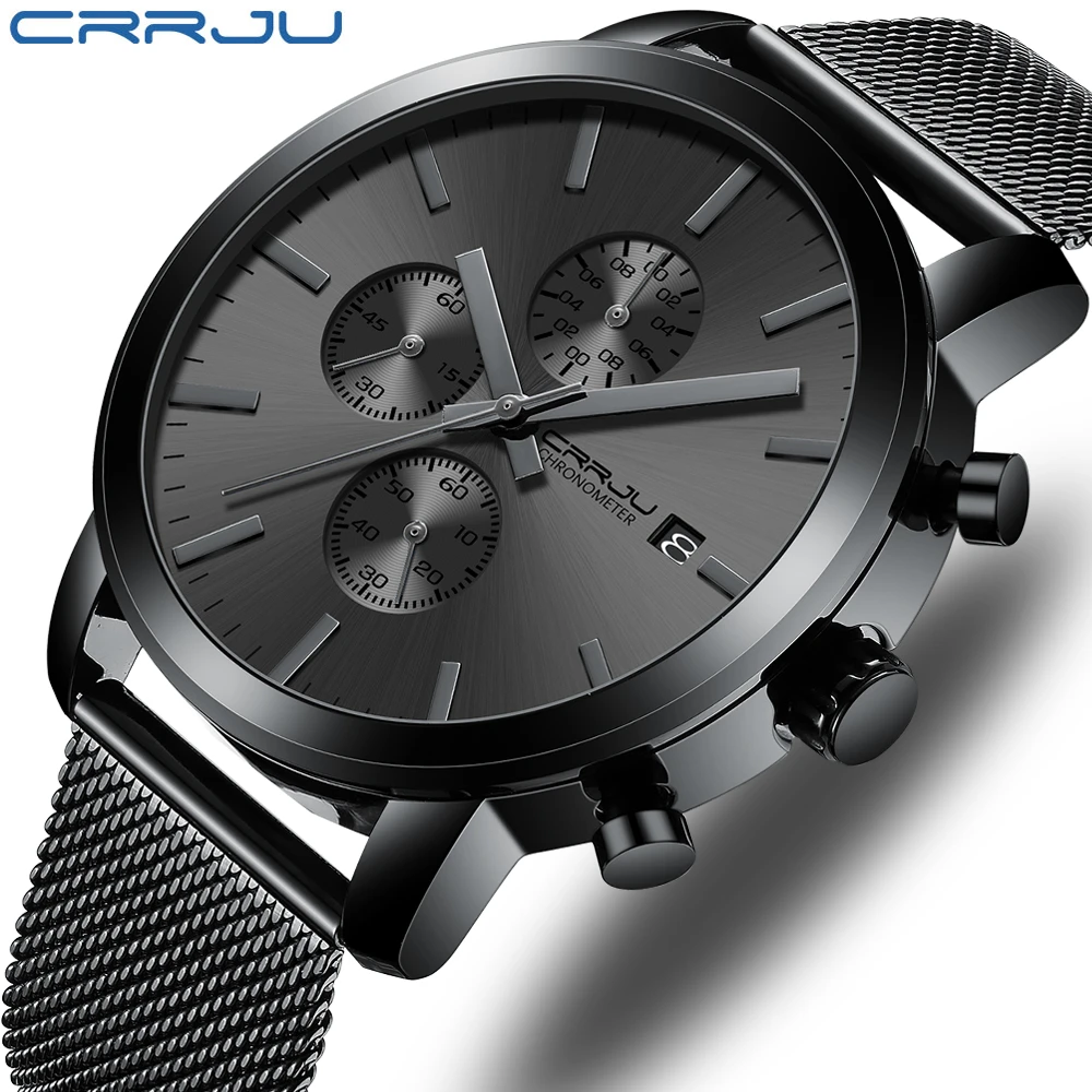 2021 CRRJU Quartz Date watch for men Luxury Brand Black Fashion Sports men's watches Waterproof Chronograph Male Clock relogio
