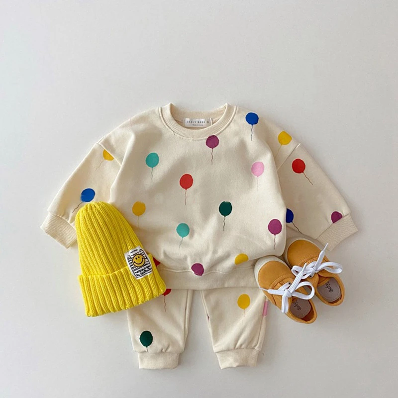 Korean Baby Kids Balloon Print Clothing Sets Girls Boys Cotton Sweatshirts+Pants 2pcs Sets Tracksuit Children Clothes