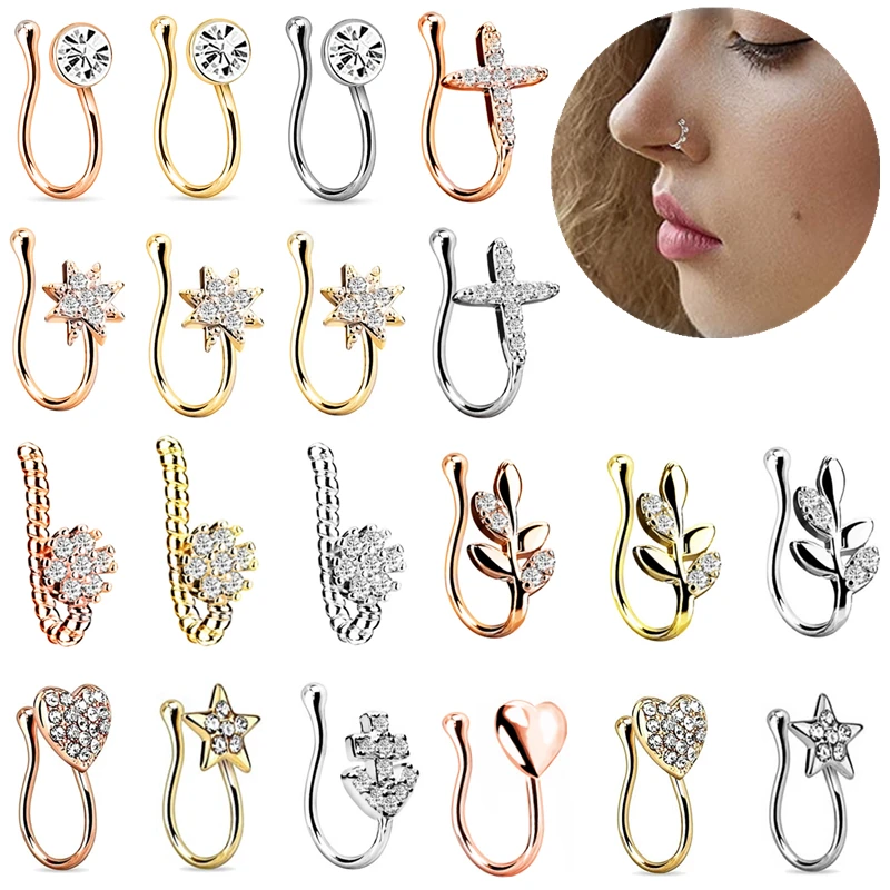 1Piece Stainless Steel Heart Clip On Nose Ring Star Fake Nose Piercing Clip On Cross Nose Clip Fake Jewelry Faux Piercing Nez