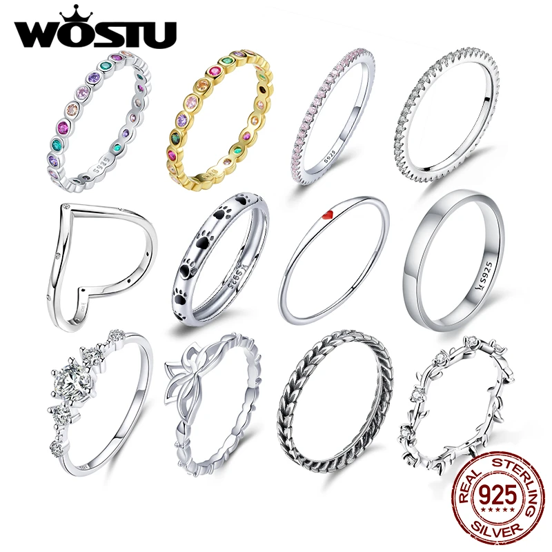 WOSTU Genuine 100% 925 Sterling Silver Glitter Stackable Circle Finger Rings For Women Engagement Wedding Round Fine Jewelry
