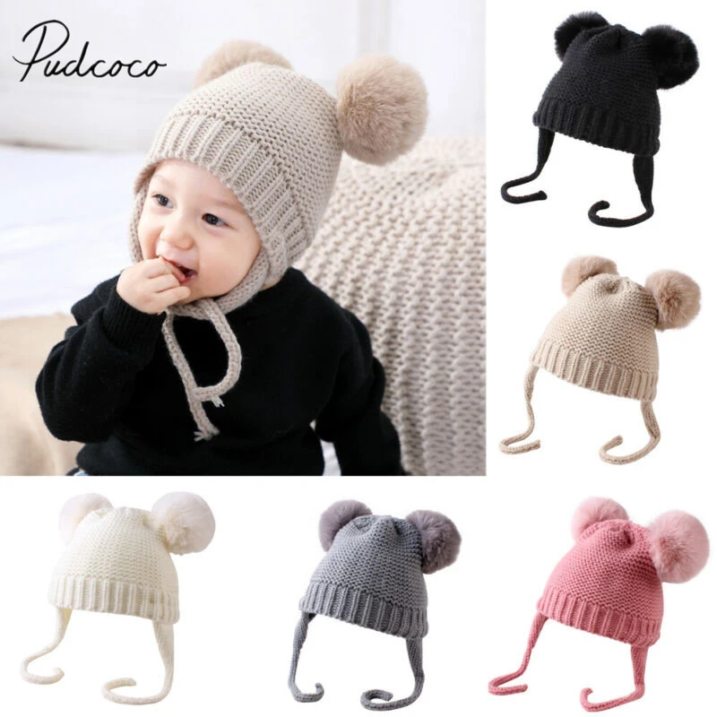 2019 Baby Stuff Accessories Cute Winter Warm Kids Girls Boys Baby Solid Hats Knitted Wool Hemming Caps With Fuzzy Ball