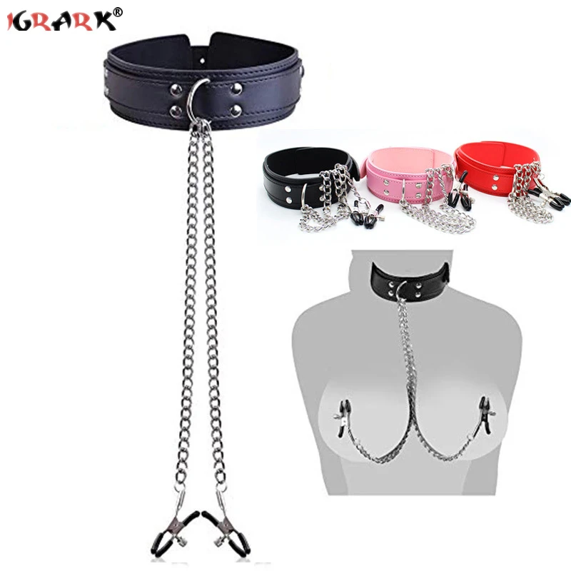 New Leather Choker Collar With Nipple Breast Clamp Clip Chain BDSM Bondage Gear Sex Toys For Women Sex Tools Couples Adult Games