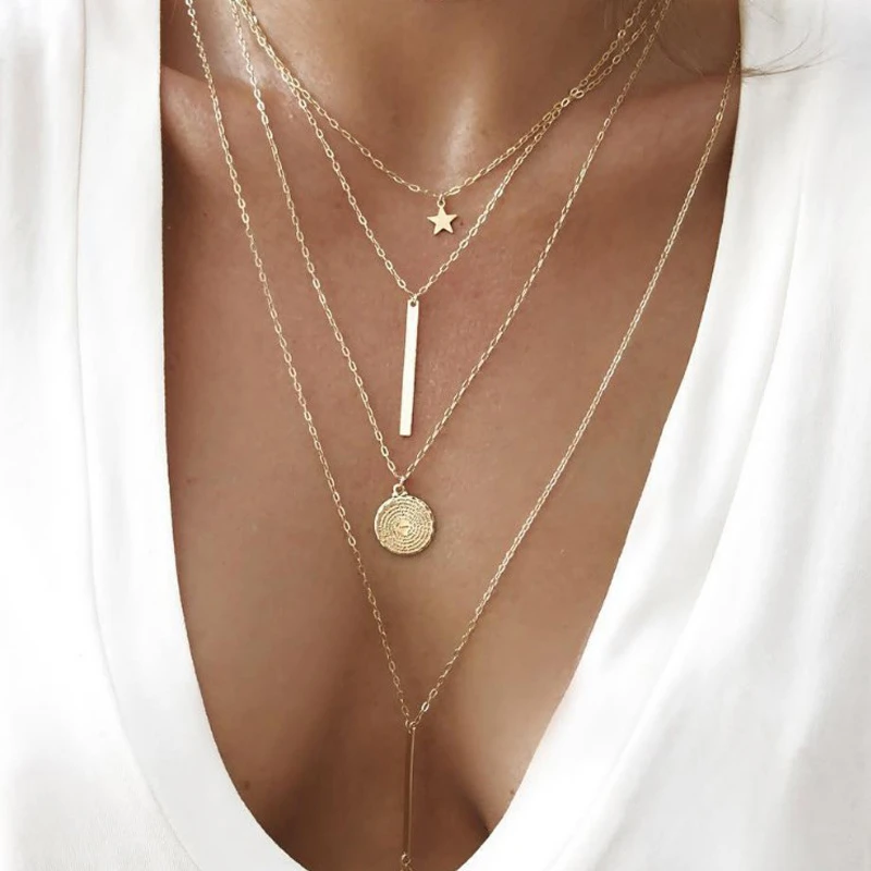 New Bohemian Long Pendant Necklaces Lady Vintage Gold Star Star Necklace Multilayer Necklace Statement Jewelry for Women gift