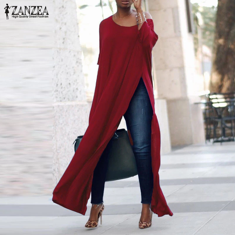 2021  ZANZEA Autumn Women Casual Solid Off Shoulder 3/4 Sleeve High Split Party Long Shirt Vestido Blusas Blouse Tops