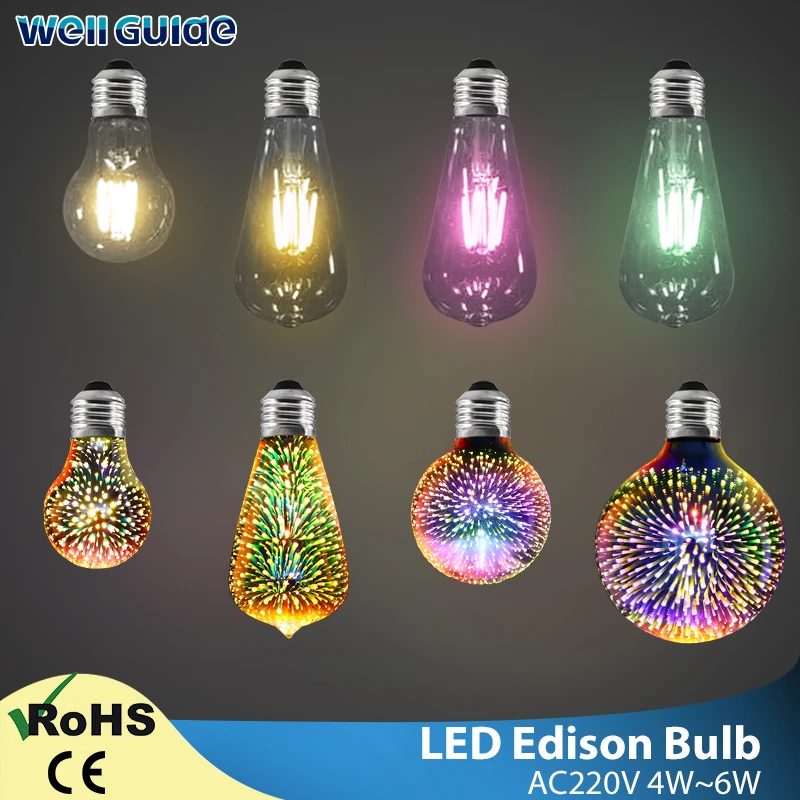 LED Bulb E27 3D Decoration holiday ights 6W 220V 3D Fireworks Edison led Lamp ST64 A60 G80 G95 Retro Filament Light Edison Bulb
