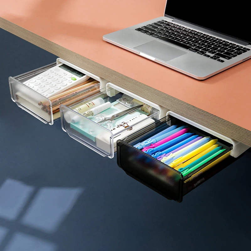 Self Stick Pencil Tray Under Desk Drawer Organizer Table Storage Box Self-adhesive Hidden Organizer Office Stationery Organizer