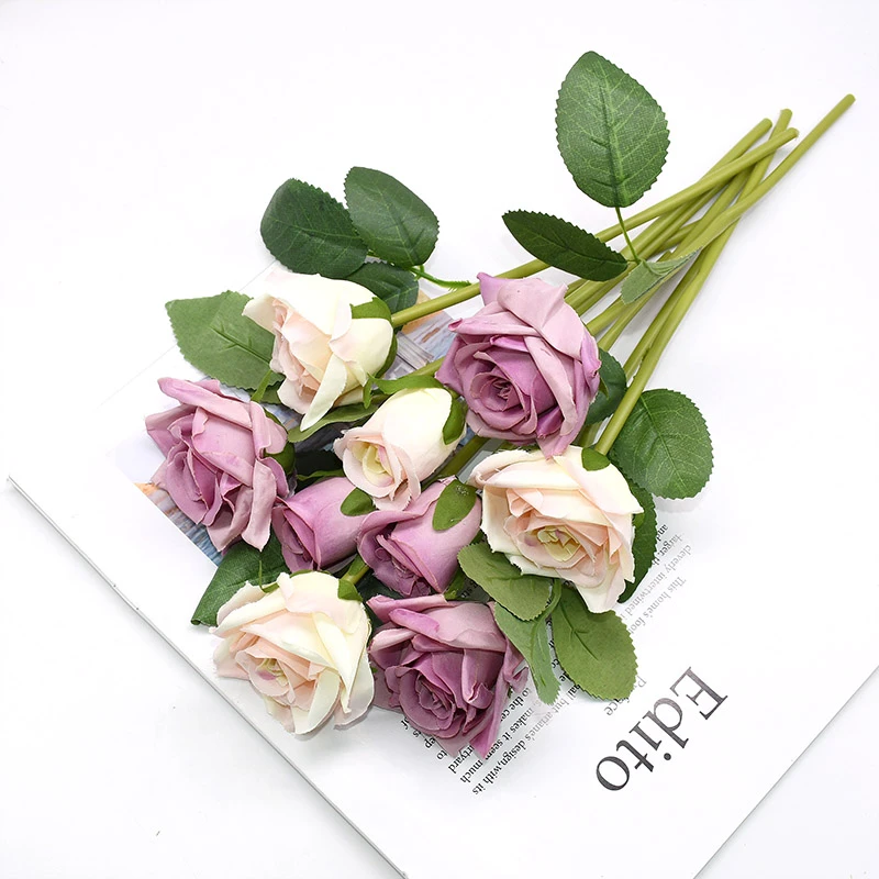 9pcs/set 4cm 7cm Silk Rose Flower Bouquet Real Touch Fake Flowers for Wedding Decoration Bridal Hold Bouquet Home Garden Supplie
