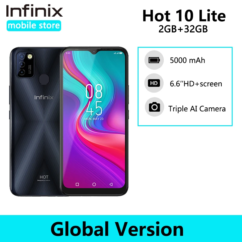 Infinix hot 10 lite Global Version 2GB 32GB Smart Phone 6.6''HD 1600*720P 5000mAh Battery 13MP Camera Helio A20