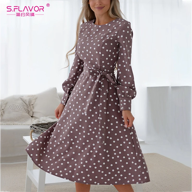 S.FLAVOR Women Vintage O Neck Dress Casual Polka Dot Print A-Line Party Vestidos Autumn Winter Long Sleeve Mid Dress