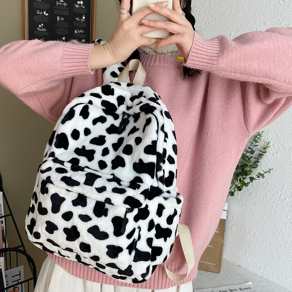 2021 New Winter Women Warm Plush Backpack Teenager Girls School Bag Fashion Cow Print Backpacks Female Multi-Pockets Travel Bag