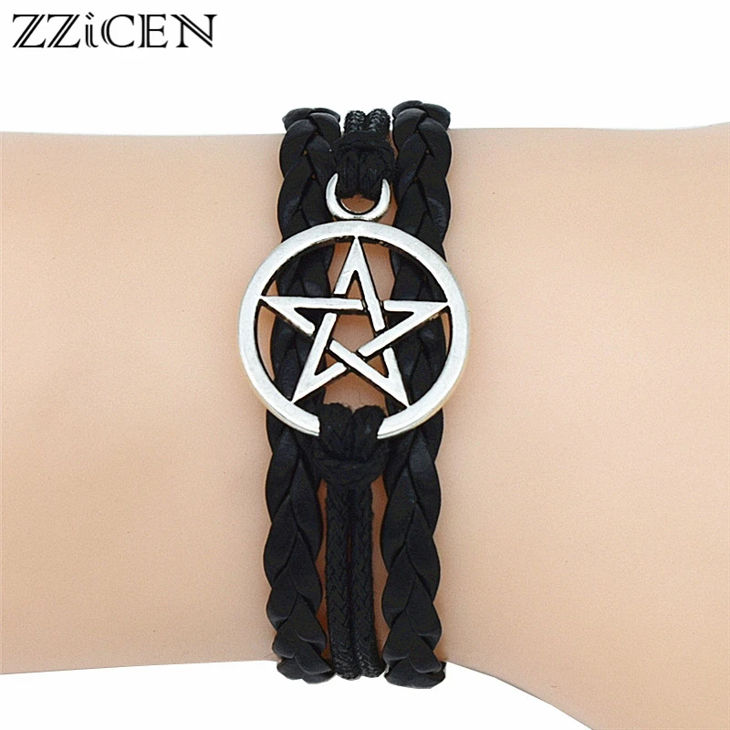 4 Colors New Gothic Fashion Antique Pentagram Charms Wiccan Pentacle Leather Bracelets Vintage Jewelry Gift for Women Men