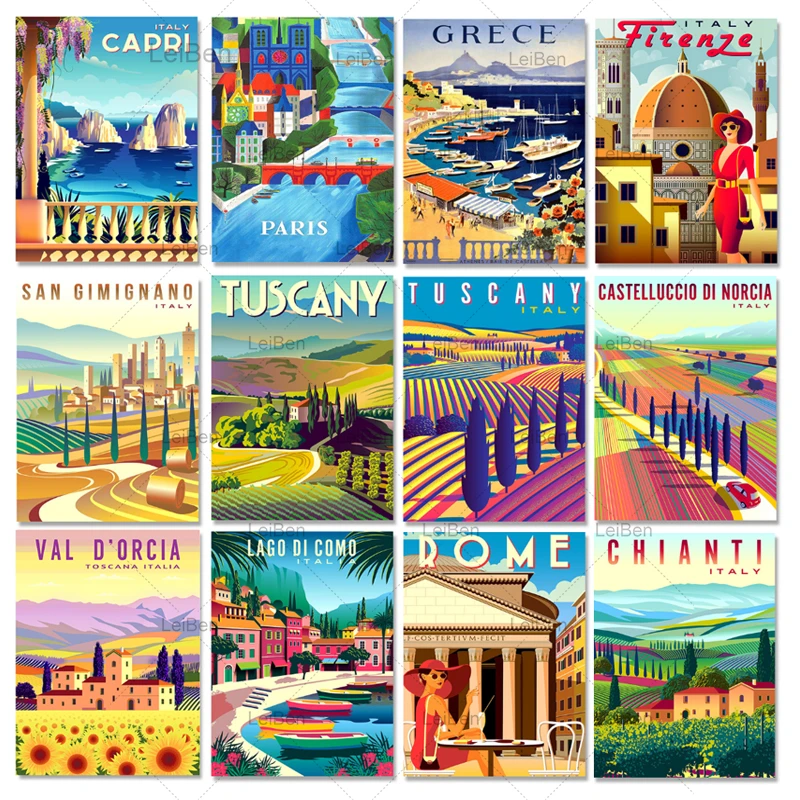 Vintage World Famous Attractions City Posters and Prints Italy Rome Hawaii Canvas Painting Wall Art for Living Room Home Decor