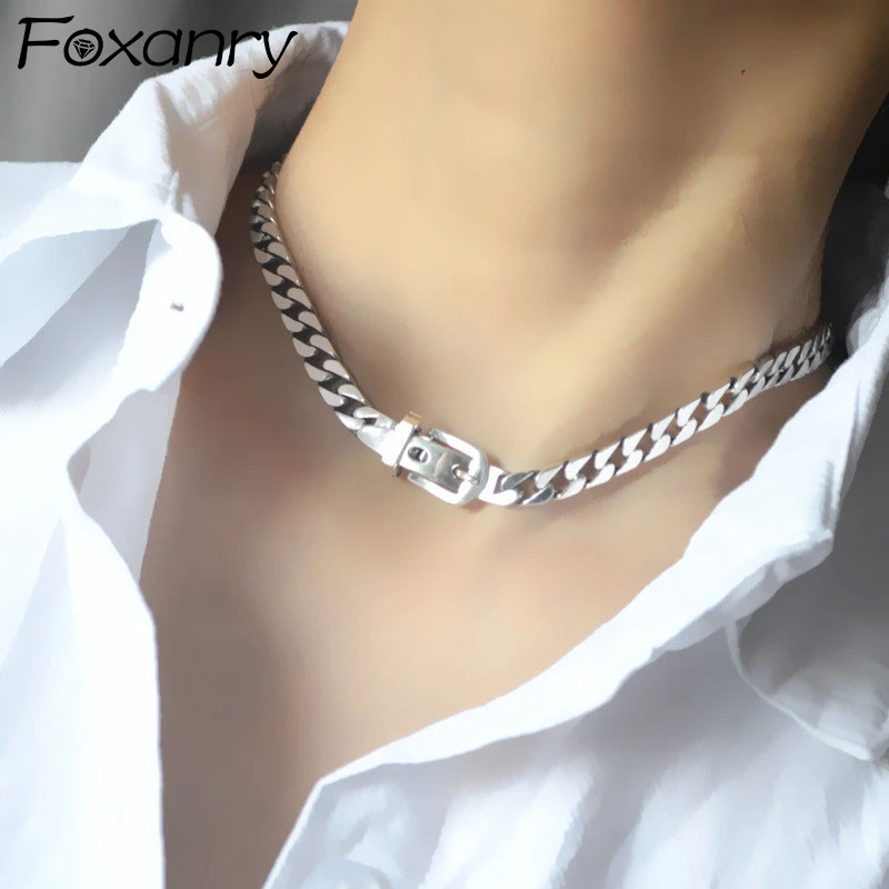 FOXANRY 925 Sterling Silver Thick Chain Necklace 2021 Trendy Hip Hop Punk Vintage Couple Unique Belt Buckle Design Party Jewelry