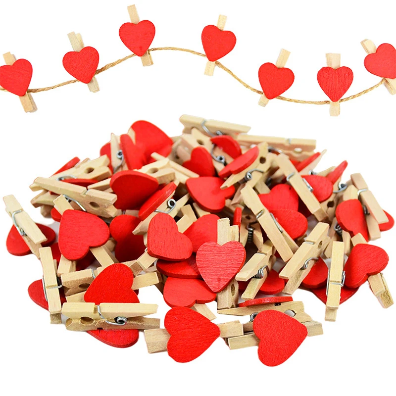 50pcs/lot 3cm Wood Pegs Cute Wooden Love Hearts Clips DIY Photo Banner Crafts for Home Birthday Wedding Decoration Clothes Pegs
