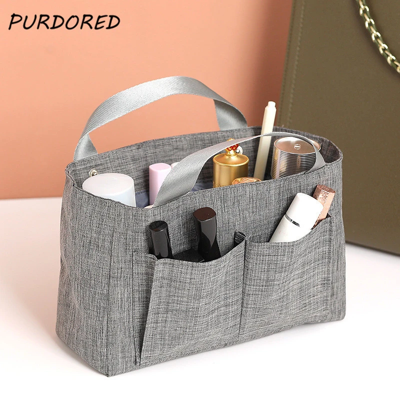 PURDORED  1 Pc Women Large Capacity Cosmetic Bag Handbag Inner Bag Multi-pockets Storage Makeup Bag Organizer Luggage Bags