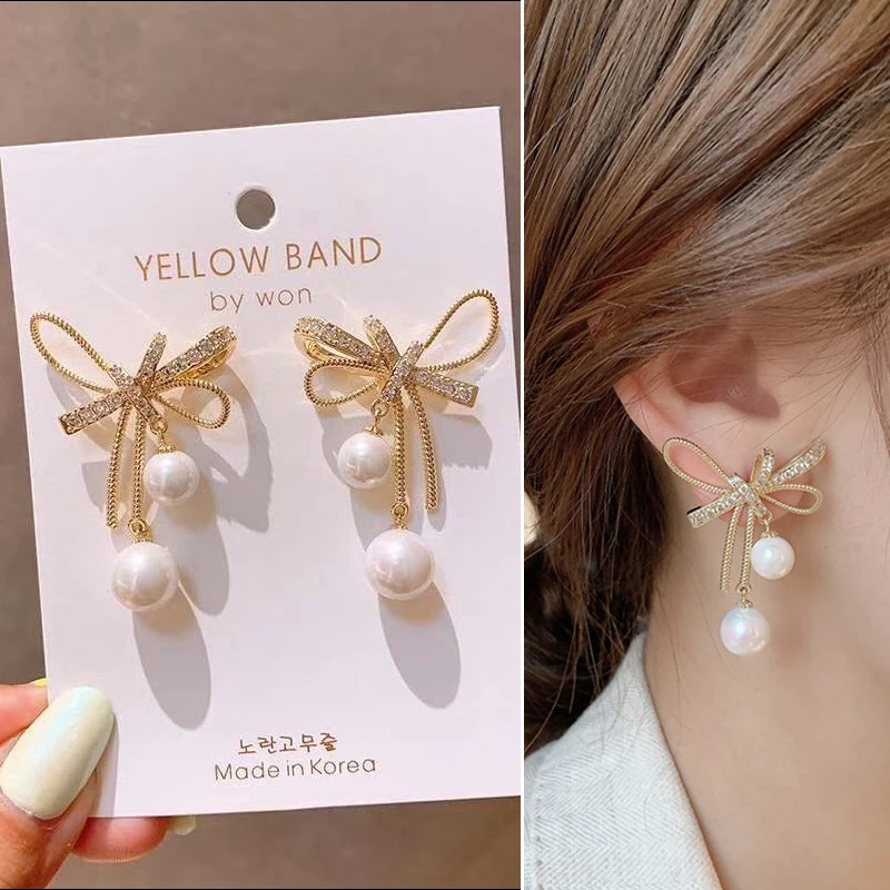 Korean Elegant Long Rhinestone Pearl Bow Heart Shaped Dangle Earrings Ins For Female 2021 Trend Earings Dress Decor