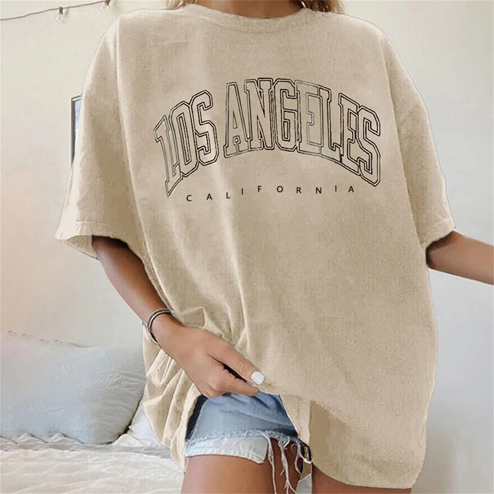 Fashion Women's T-shirts LOS ANGELES Letter Prints T Shirt Women 2021 O-Neck Oversized Loose Short Sleeve Summer Tops Streetwear