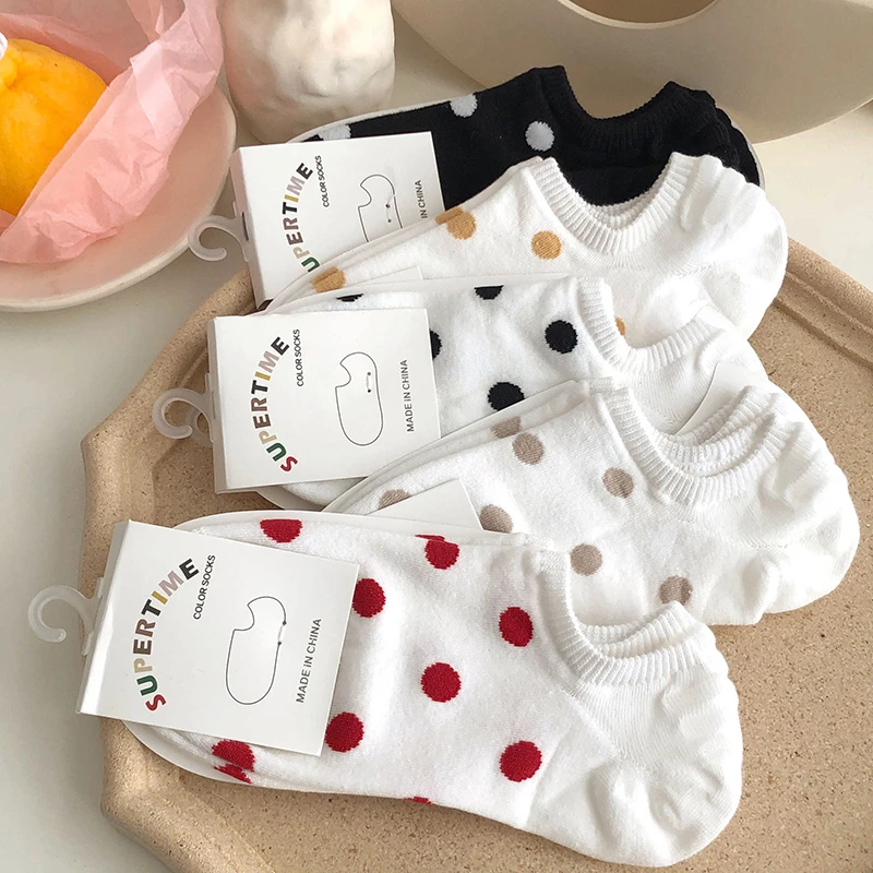 5Pais/Lot Women Socks Short Cotton Aesthetic Novelty Dot Sweet Boat Socks Chaussette Femme Skarpety Kobieta Ankle Sock Woman