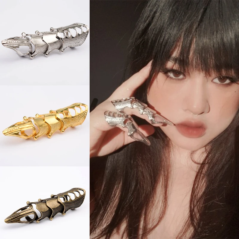 Steampunk Metal Joint Armor Finger Ring For Women Rock Punk Dragon Claw Exaggerated Long Knuckle Full Gothic Rings Men