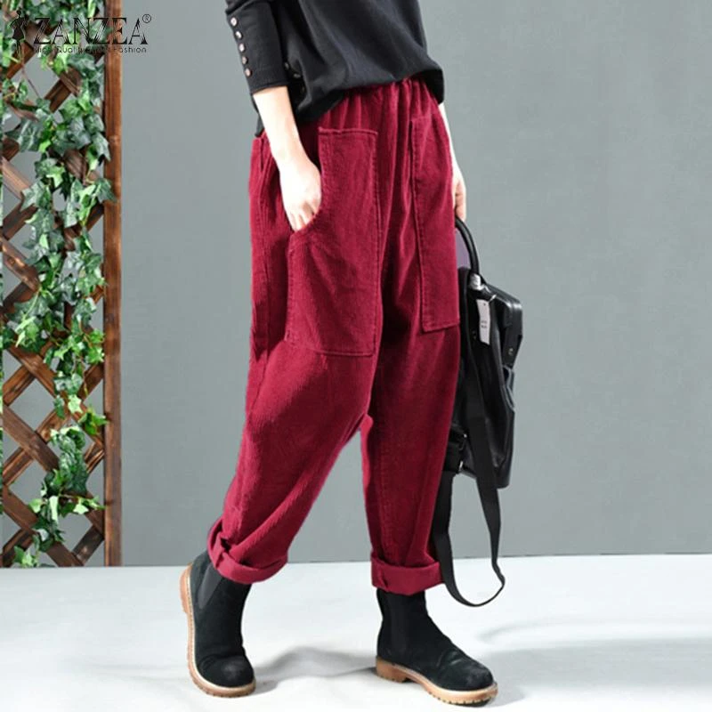 ZANZEA Women Corduroy Pants Autumn Elastic Waist Solid Long Trousers Vintage Harem Pants Palazzo  Loose Turnip Pantalon Casual