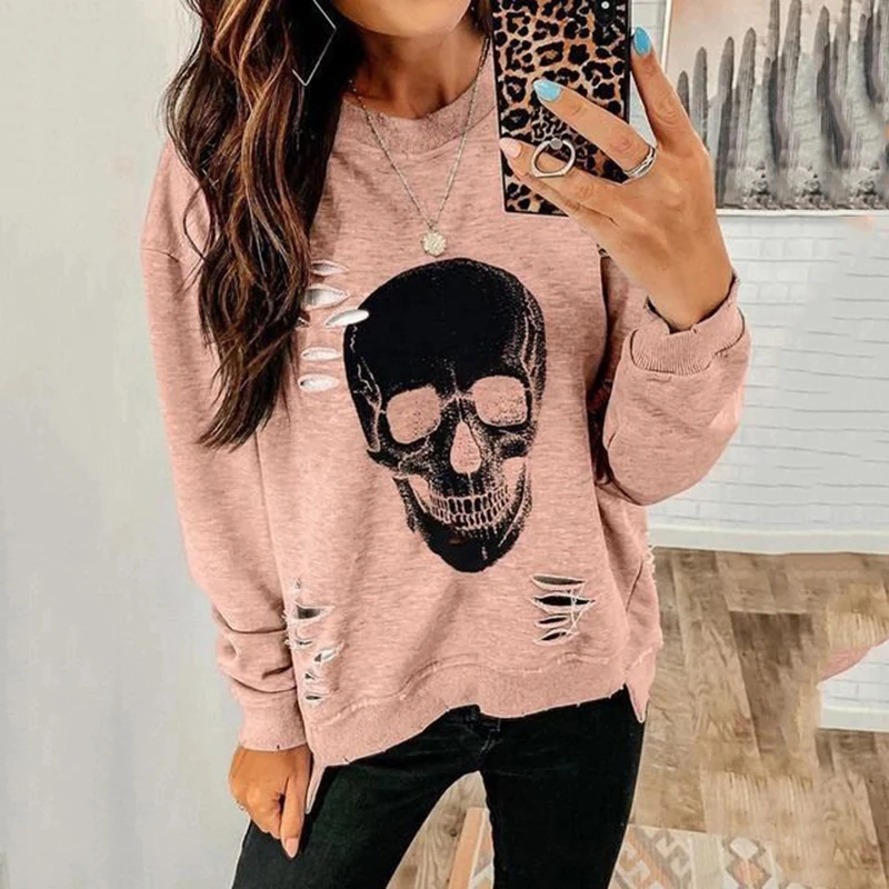 2020 Spring and Autumn Women's Fashion Plus Size O-neck Skull Printed Holes Punk Style Long Sleeve Cotton Pullover Sweatshirts
