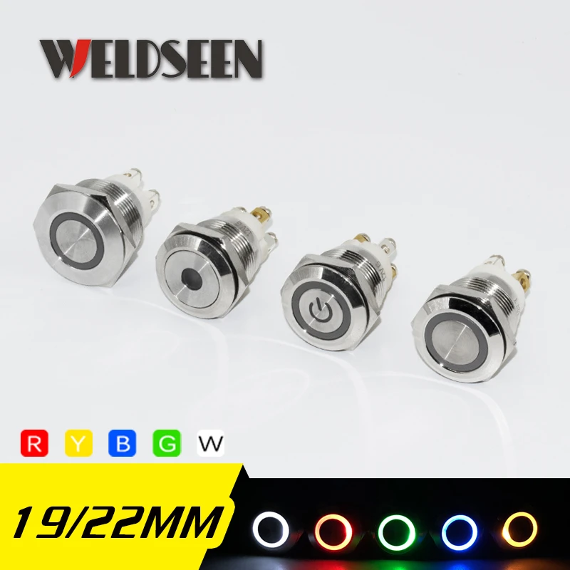 19mm 22mm Reset Momentary Metal Push Button Switch LED Light 12V 24V 110V 220V 4 Screw Foot Waterproof Car Power Button Switch