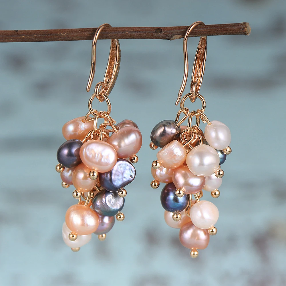 Women Natural Freshwater Pearls Grape Dangled Earrings White Pink Purple Black Baroque Pearl France Copper Earring Hook Jewelry