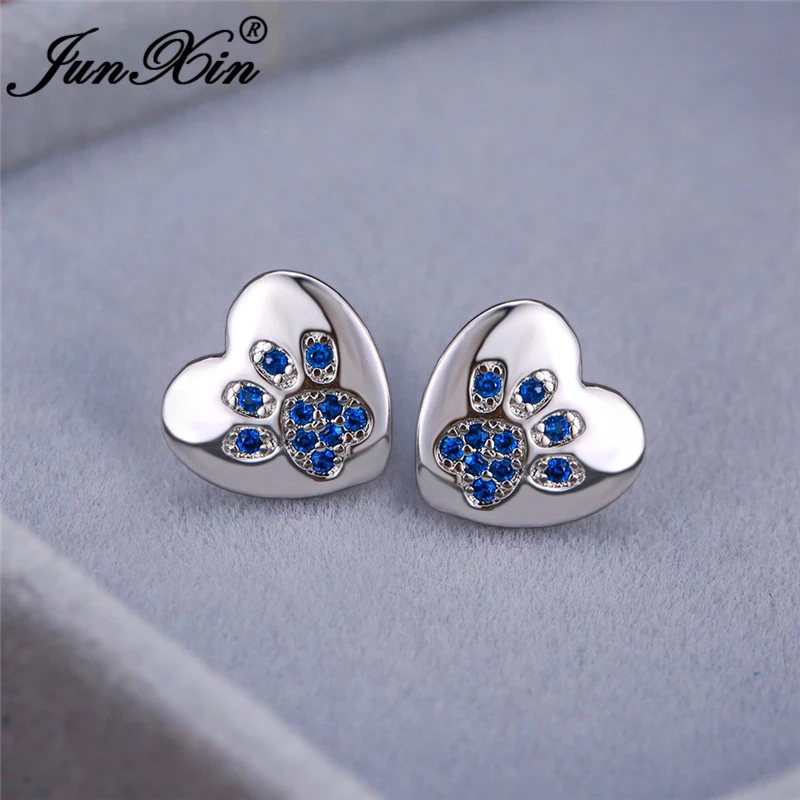 Animal Bear Cat Dog Paw Stud Earrings For Women Men White Gold Color Black White Blue Zircon Heart Earrings Wedding Jewelry Cz