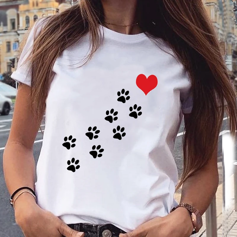 Women Graphic Paw Dog Love Style Cartoon Cat Fashion Aesthetic Animal Short Sleeve Print Female Clothes Tops Tees Tshirt T-Shirt