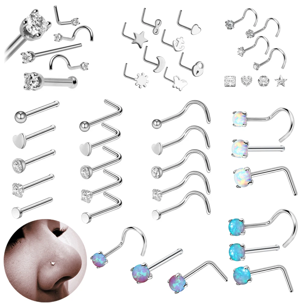 3/4/5/8/21pcs 20G Nose Studs Set Surgical Steel L-Shape Nostril Studs Screws Nose Ring Hoop Body Piercing Jewelry Mixed Styles