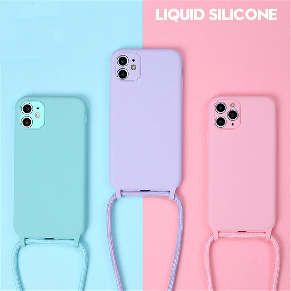 Original Liquid Silicone Cases For iPhone 11 12 13Pro XS Max X XR SE 2020 8 7 Plus Soft Candy Cover+Crossbody Lanyard Neck Strap