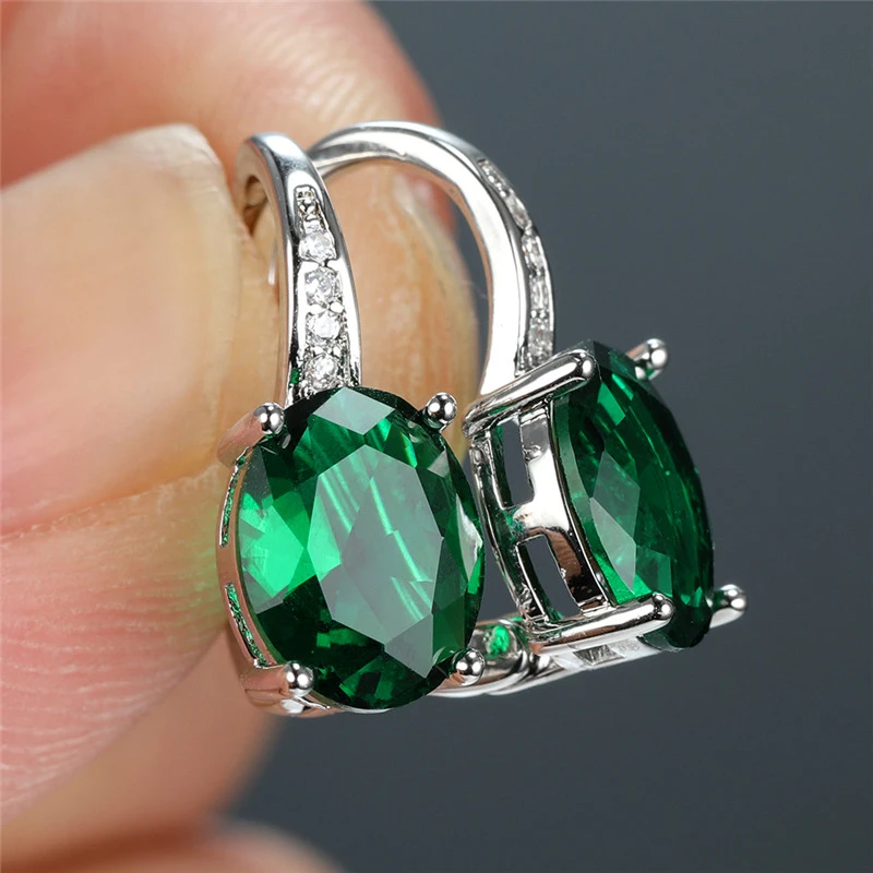 Luxury Female Green Oval Earrings Korean Small Silver Color Clip Earrings For Women Crystal Zircon Stone Wedding Earrings