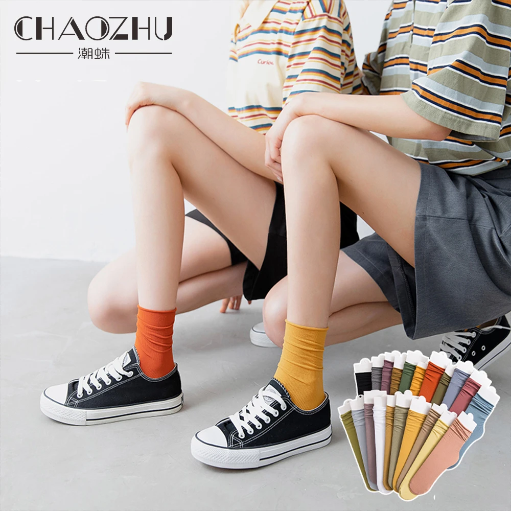 CHAOZHU Women Girls Summer Spring Autumn Thin Loose Socks Stacked Bright Neon Rose Green 28 Colors Long Solid Colors Soft Sox
