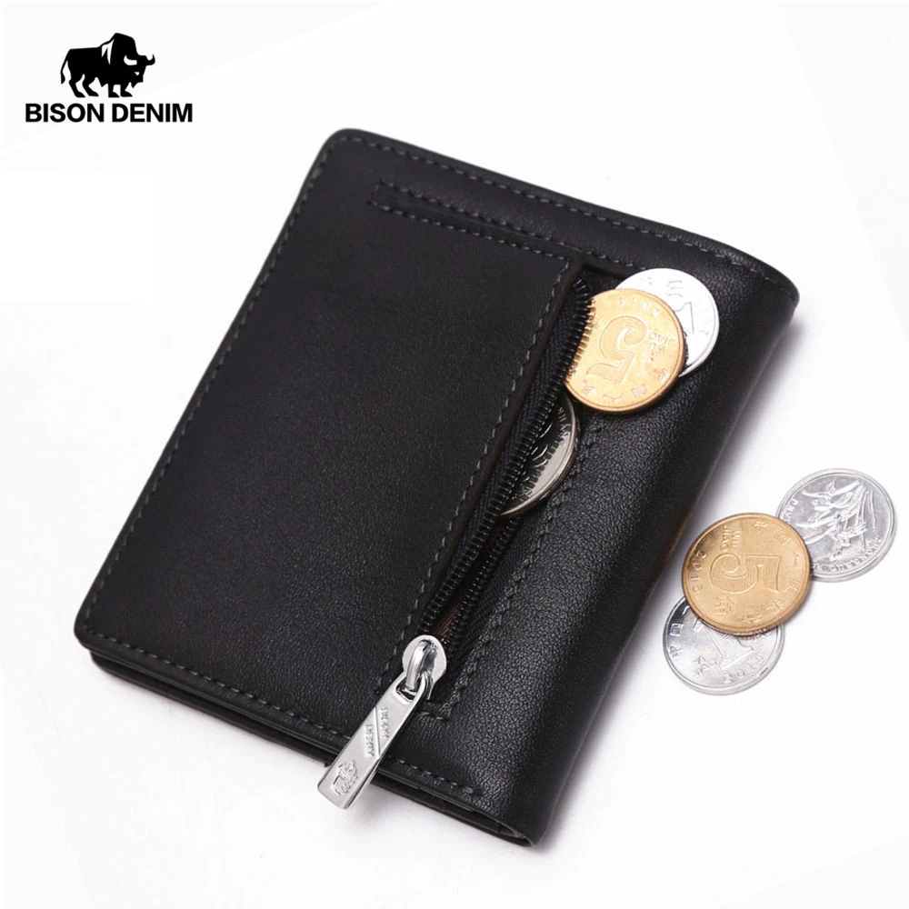BISON DENIM Fashion Purse Men's Genuine Leather Wallet RFID Blocking Mini Wallet Male Card Holder Small Zipper Coin Purse W9317