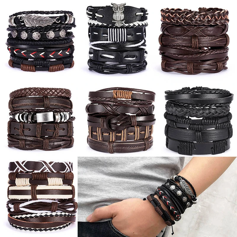 Vintage Multiple Charm Bracelets Set for Men Woman Fashion Wristbands Owl Leaf Leather Bracelet Bangles Jewelry Mens Bracelet