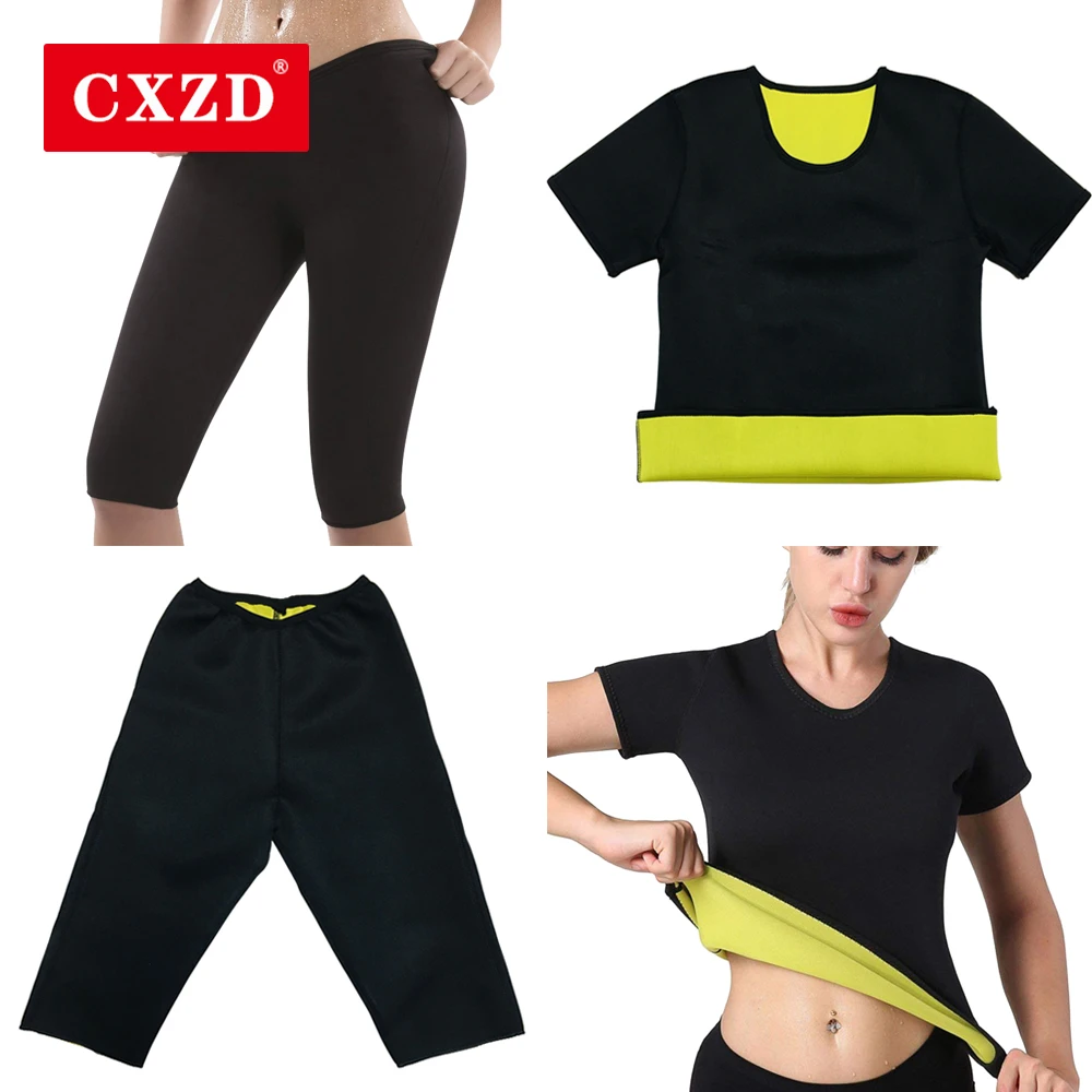 CXZD Womens Sweat Shaper T Shirt + Pant - Hot Thermo Slimming Shapewear Sauna Suit waist trainer Neoprene tummy shaper corset