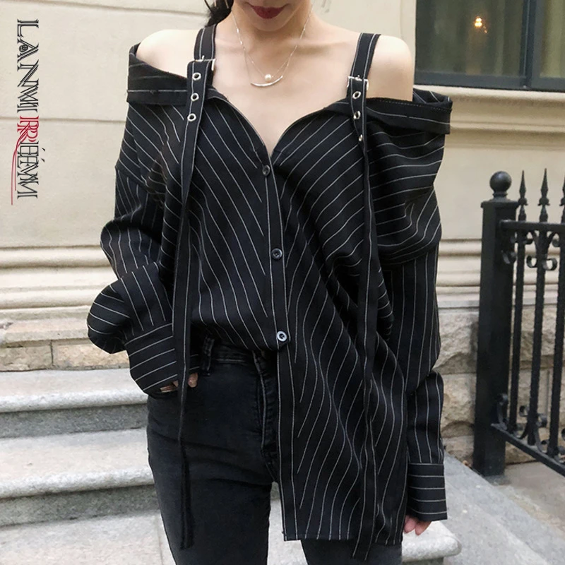 LANMREM 2021 New Fashion Personality Black Strap Vertical Stripe Off-shoulder Long Sleeve Shirt Female's Blouse Vestido YE22801