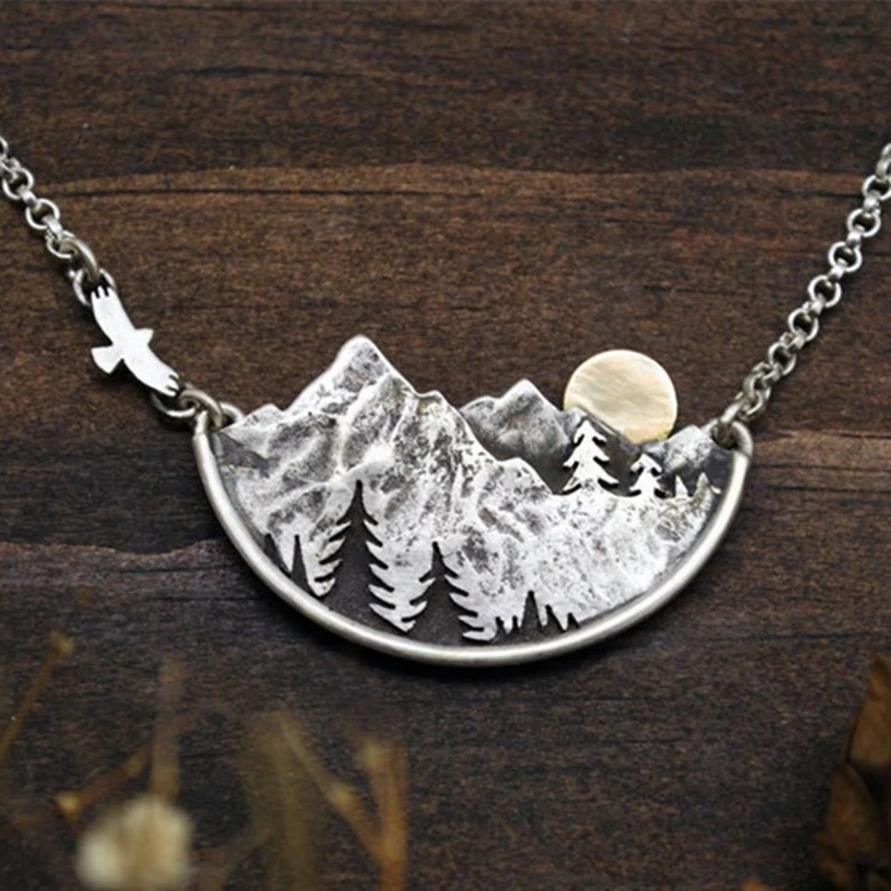 Adventure Awaits Mountain Landscape Necklace Gold Sun Flying Bird and Pine Trees Pendant Necklaces Women Fashion Jewelry