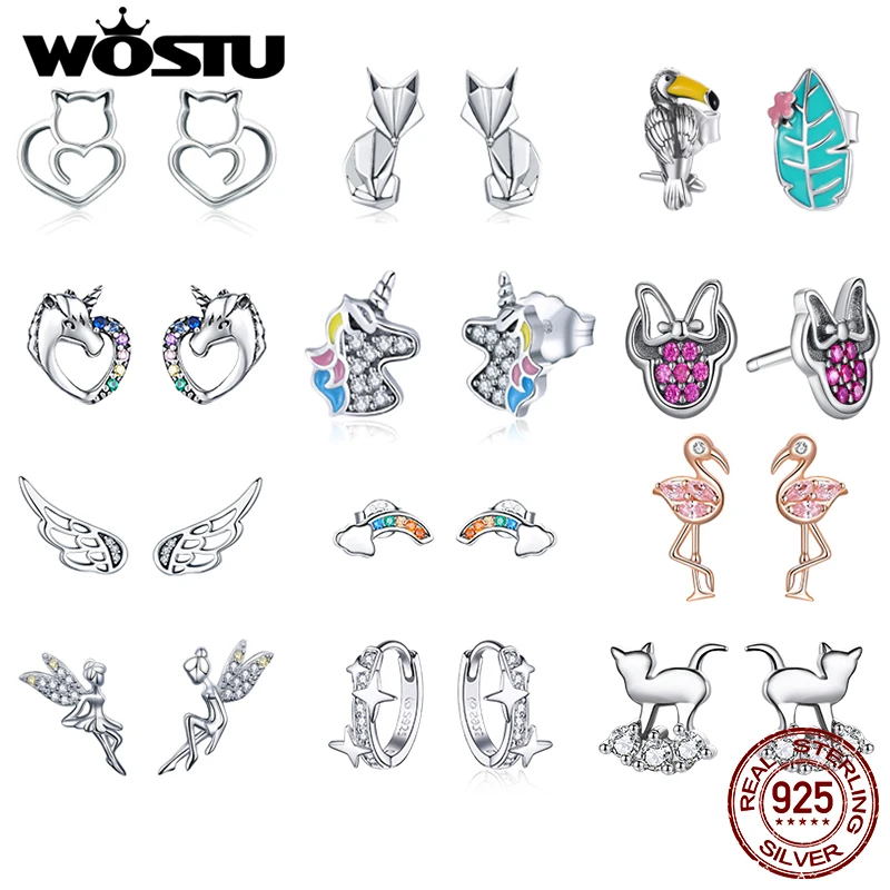 WOSTU Authentic 925 Sterling Silver Fairy Wings Star Unicorn Stud Hoops Earrings Women Opal Party Wedding Fine Jewelry Gift