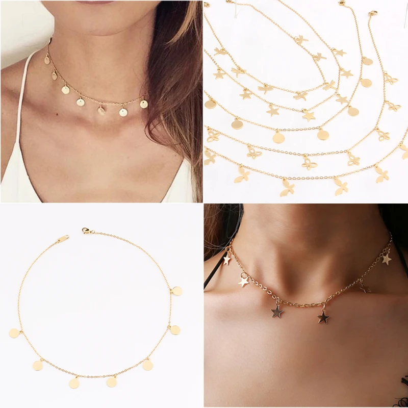 SUQI new Non-fading stainless steel Round Tassel star gold Necklace Women Choker Necklaces Pendants Femme Chain jewelry gift