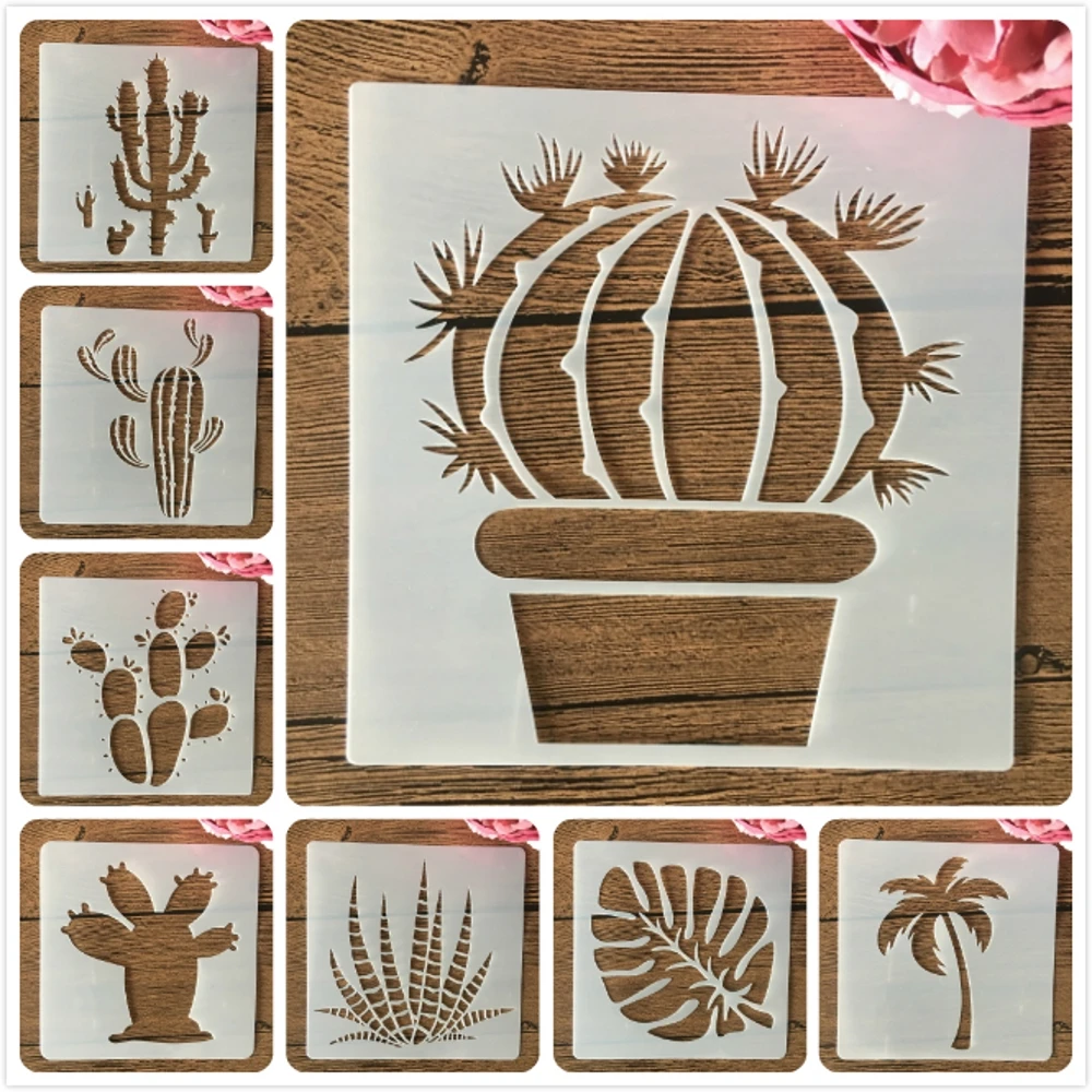 8Pcs/Set 15cm Cactus Succulent Plants DIY Layering Stencils Wall Painting Scrapbook Coloring Embossing Album Decorative Template