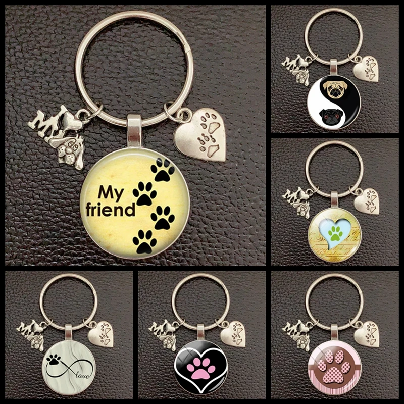 Fashion cute animal paw print keychain cat dog I love glass pendant mini heart keyring car key man girl favorite gift souvenir