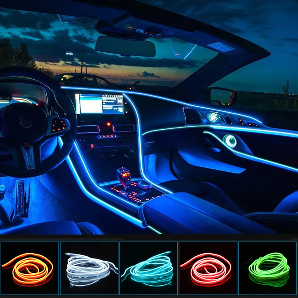 1M/2M/3M/5M Car Interior Led Decorative Lamp EL Wiring Neon Strip For Auto DIY Flexible Ambient Light USB Party Atmosphere Diode