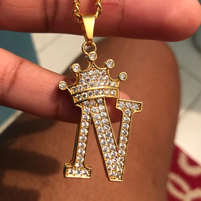 Crystal Crown Letter Men's Chain Rap Pendant Zircon Alphabet Necklaces For Women Neck Choker Necklace Hip Hop Jewelry Femme Gift